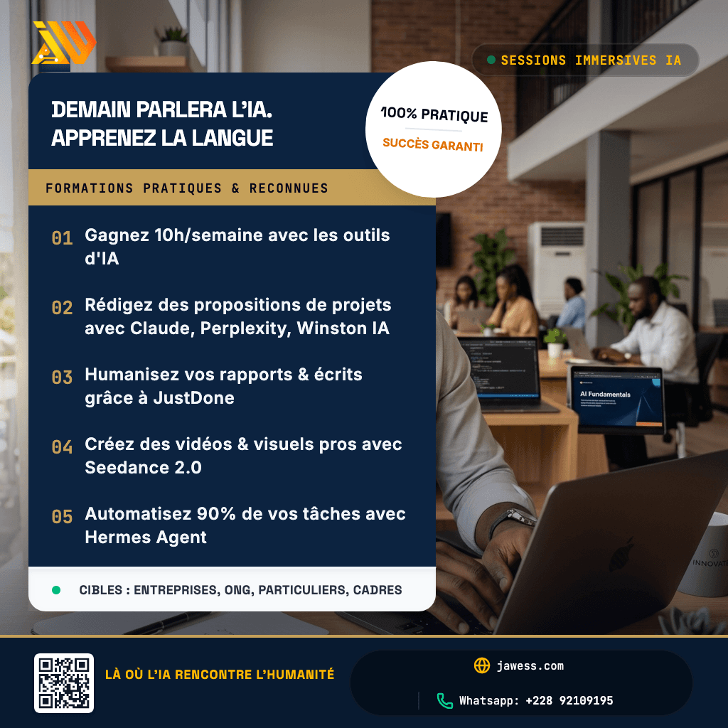 Affiche de présentation des formations IA JAWESS : 100% pratique, succès garanti